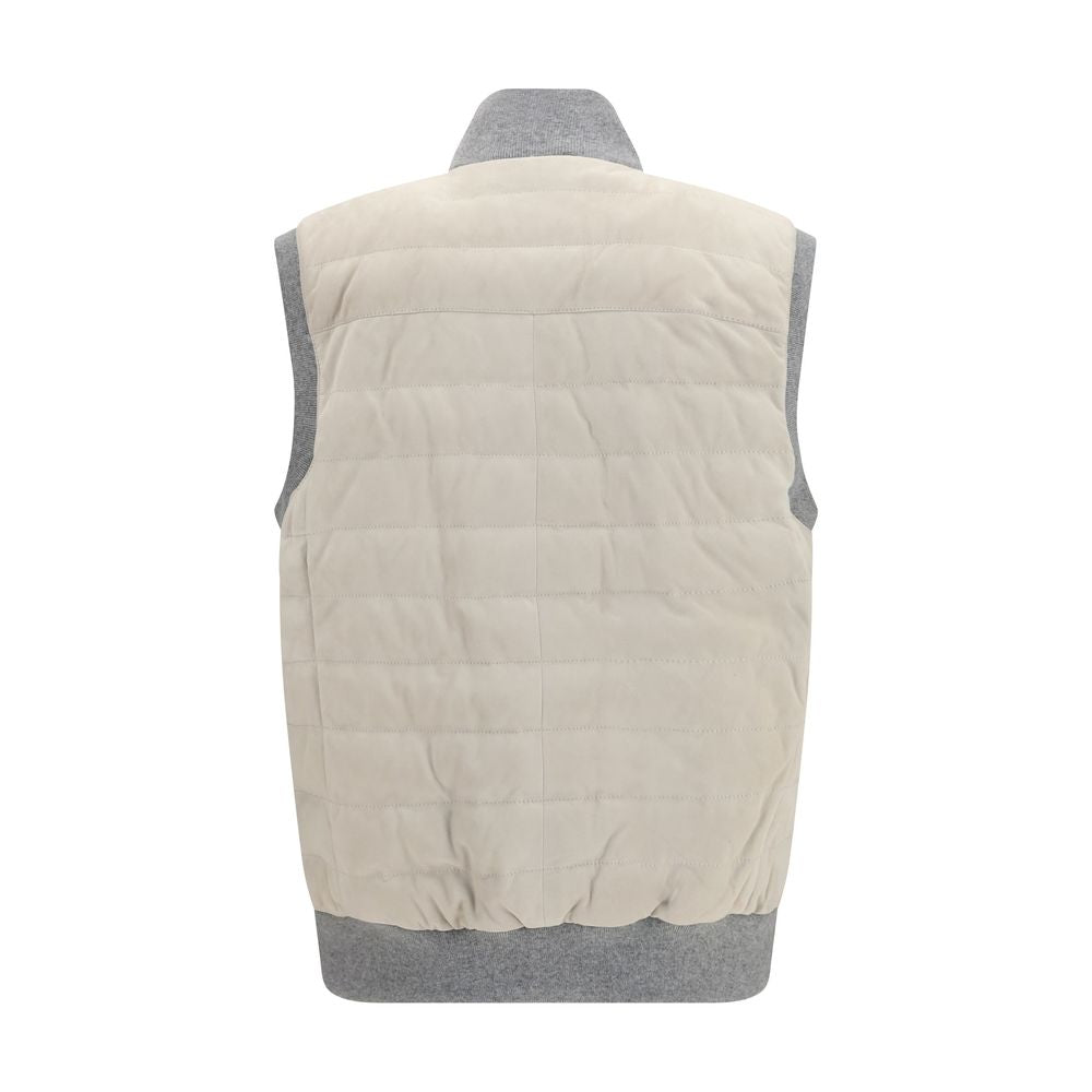 Brunello Cucinelli Beige Calf Leather Bos Taurus Sleeveless Jacket