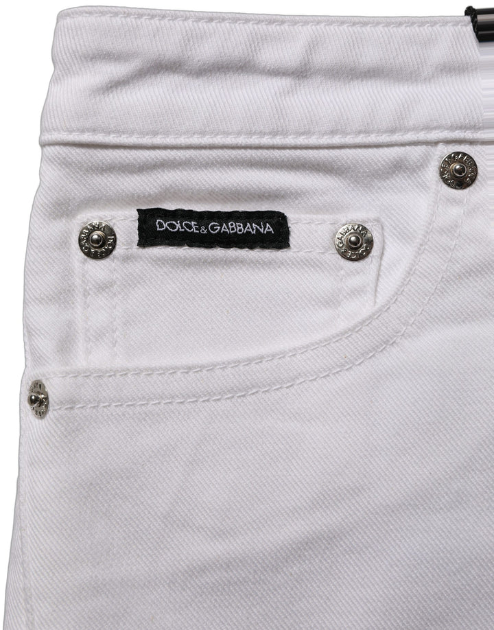 Dolce &amp; Gabbana White Cotton Low Rise Denim Hot Pants Shorts