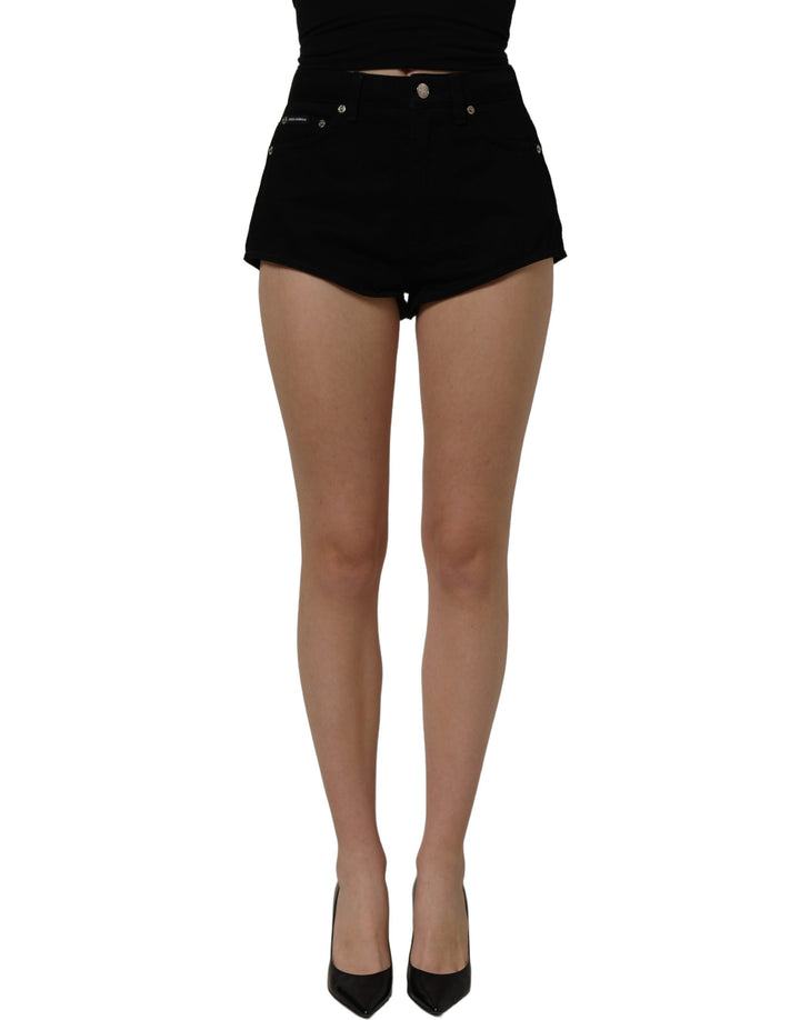Dolce &amp; Gabbana Black Cotton Mid Rise Denim Hot Pants Shorts