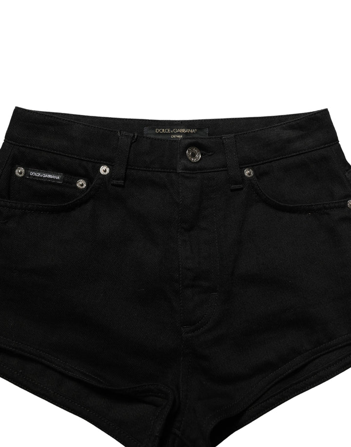 Dolce &amp; Gabbana Black Cotton Mid Rise Denim Hot Pants Shorts