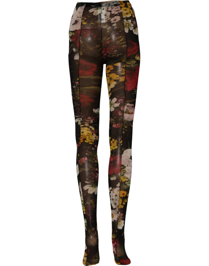 Dolce &amp; Gabbana Black Nylon Floral Print Tights Stockings Socks