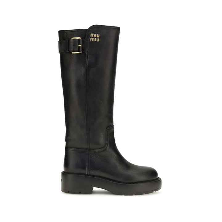 Miu Miu Black Calf Leather Bos Taurus Flat Boots