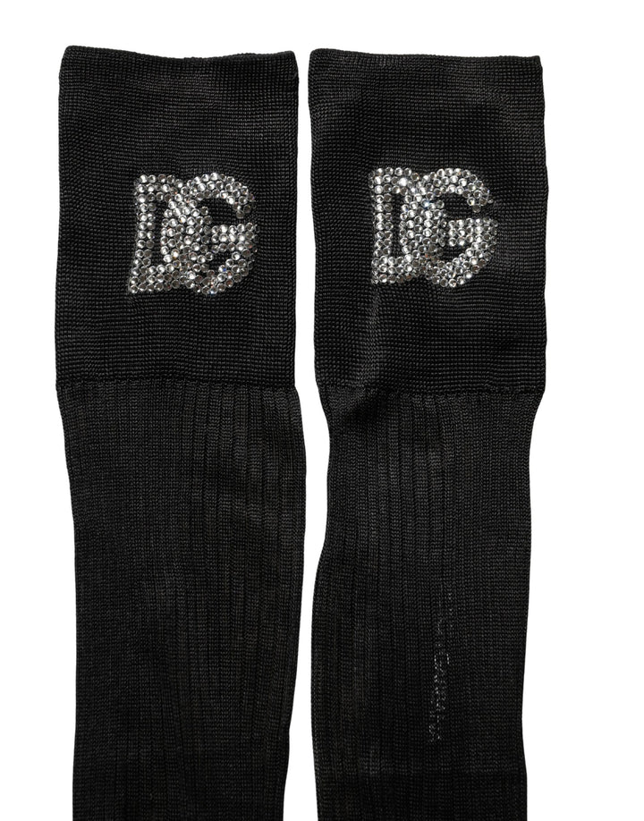 Dolce &amp; Gabbana Black DG Logo Rhinestones Stretch Thigh High Socks