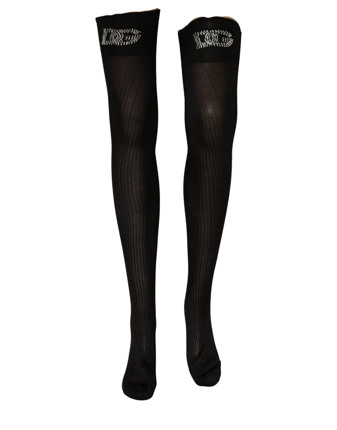 Dolce &amp; Gabbana Black DG Logo Rhinestones Stretch Thigh High Socks