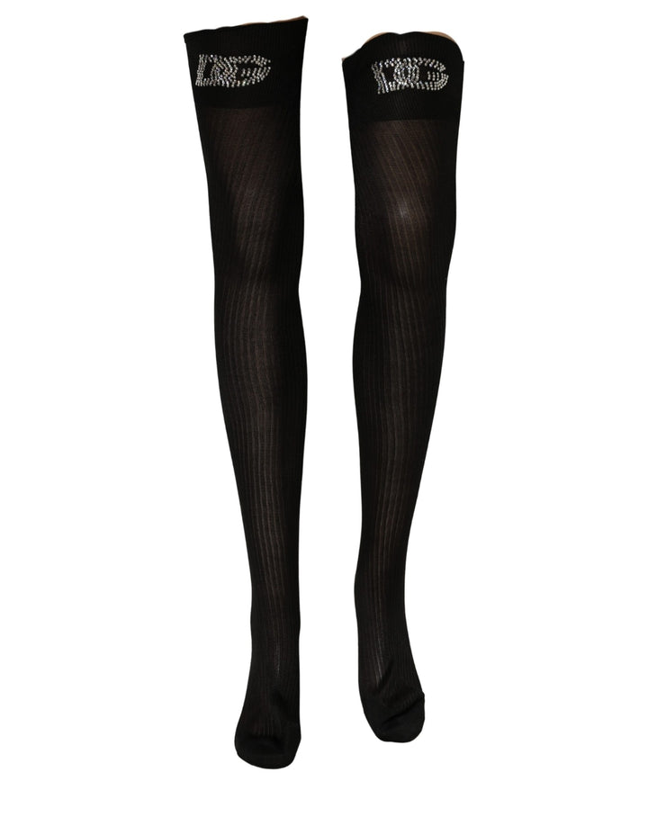 Dolce &amp; Gabbana Black DG Logo Rhinestones Stretch Thigh High Socks