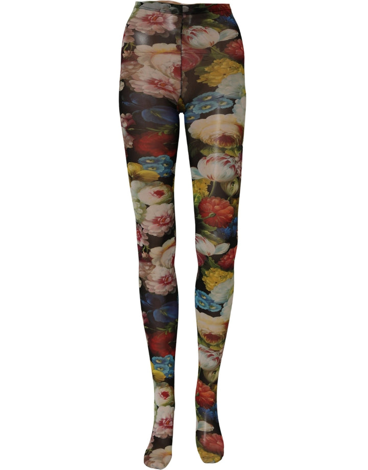 Dolce &amp; Gabbana Black Floral Print Tights Sheer Stockings Socks