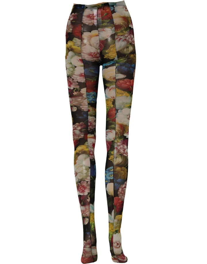 Dolce &amp; Gabbana Black Floral Print Tights Sheer Stockings Socks