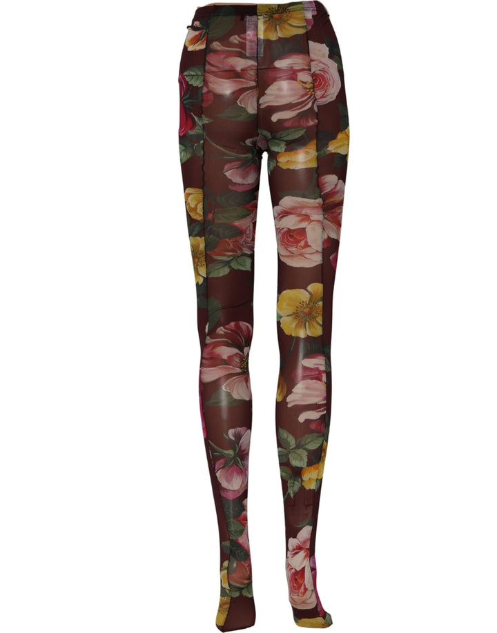 Dolce &amp; Gabbana Maroon Floral Print Tights Sheer Stockings Socks
