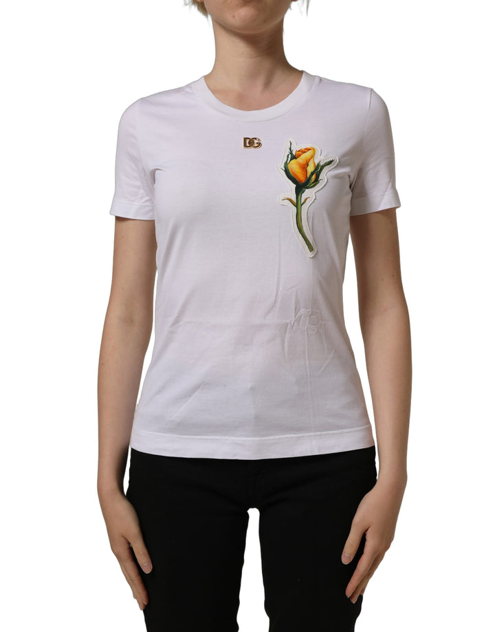 Dolce &amp; Gabbana White Cotton Rose Patch Crew Neck T-shirt
