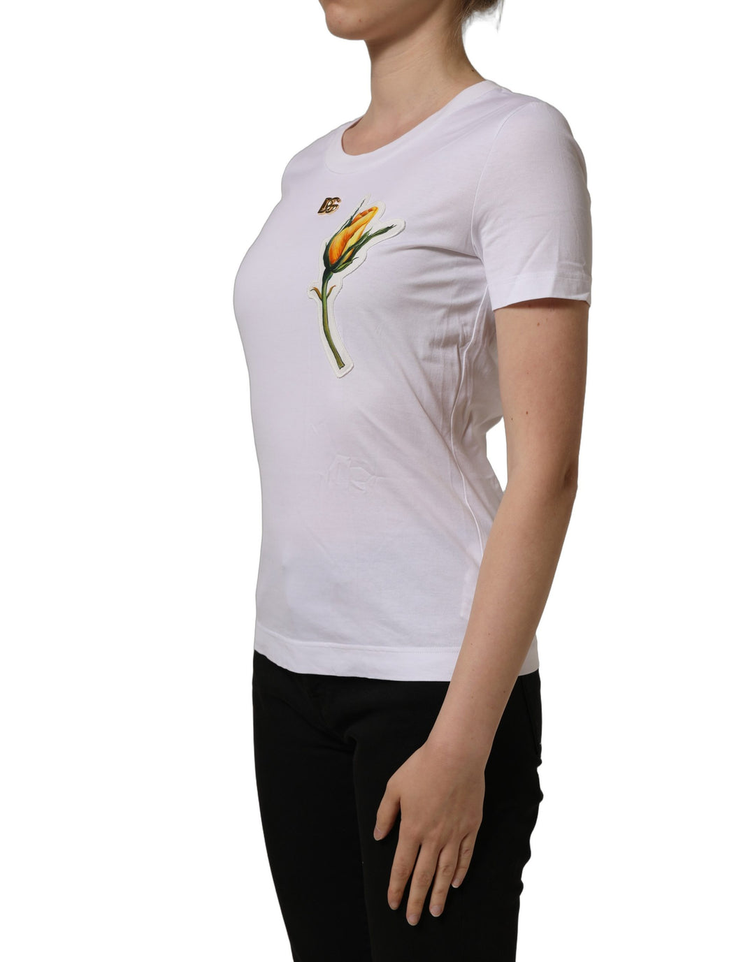 Dolce &amp; Gabbana White Cotton Rose Patch Crew Neck T-shirt