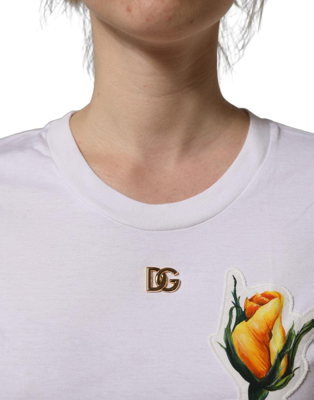 Dolce &amp; Gabbana White Cotton Rose Patch Crew Neck T-shirt