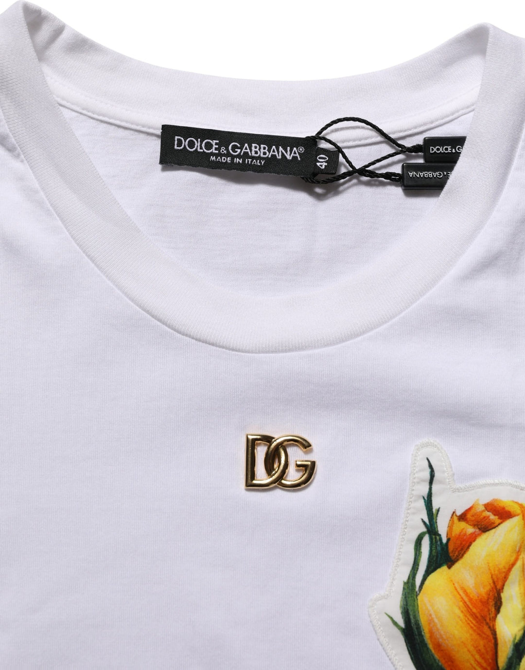 Dolce &amp; Gabbana White Cotton Rose Patch Crew Neck T-shirt