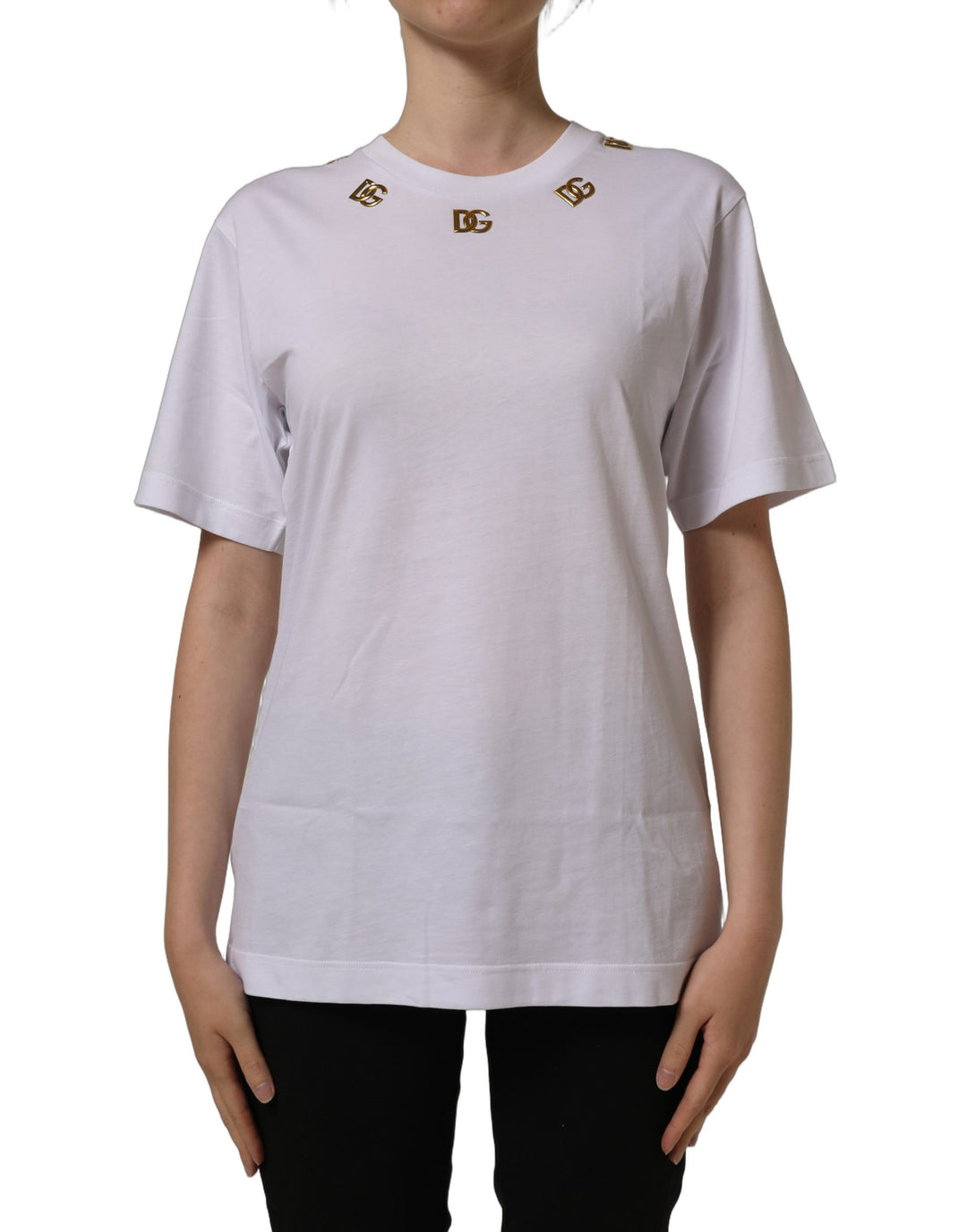 Dolce &amp; Gabbana White Cotton Gold DG Logo Crew Neck T-shirt