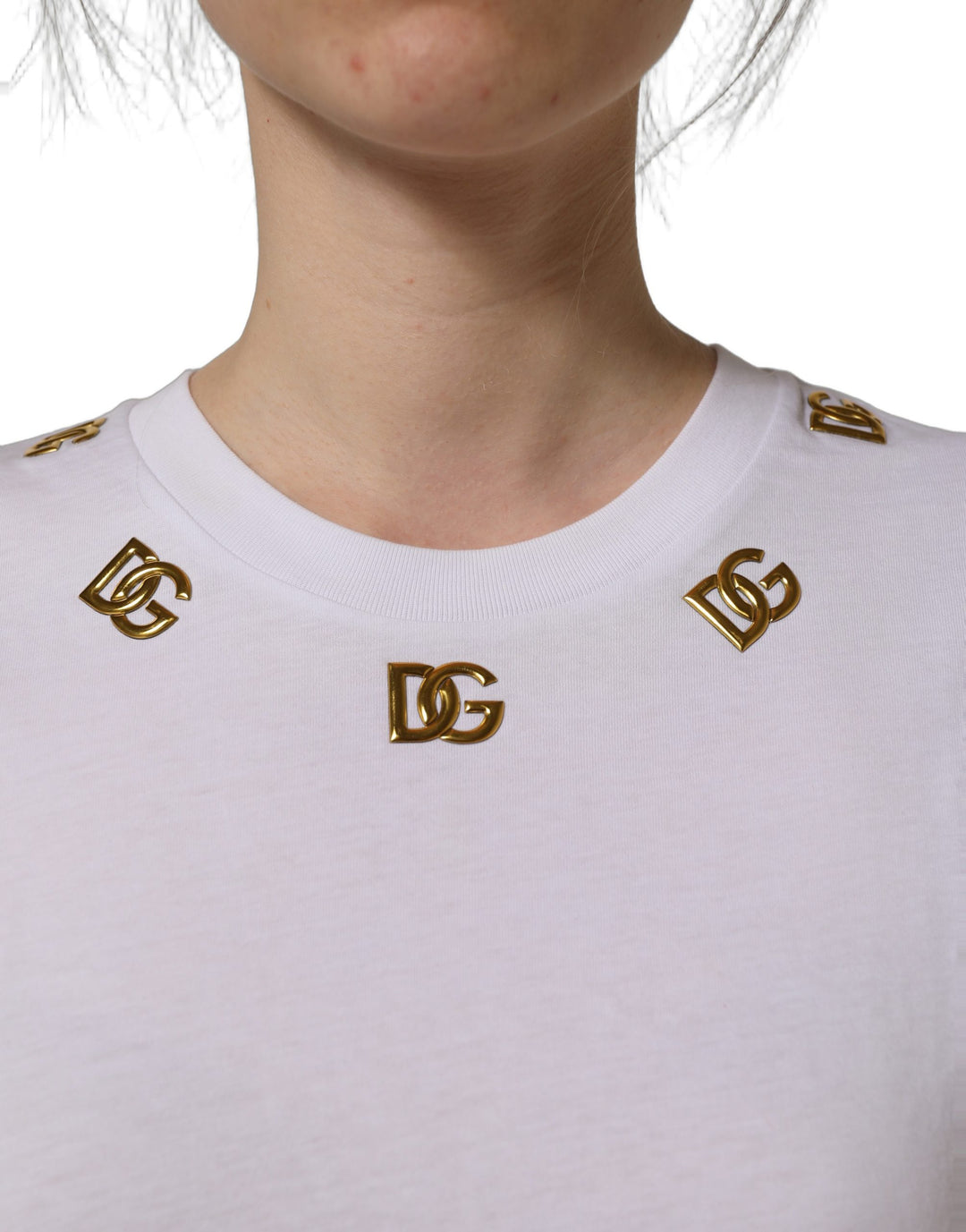 Dolce &amp; Gabbana White Cotton Gold DG Logo Crew Neck T-shirt