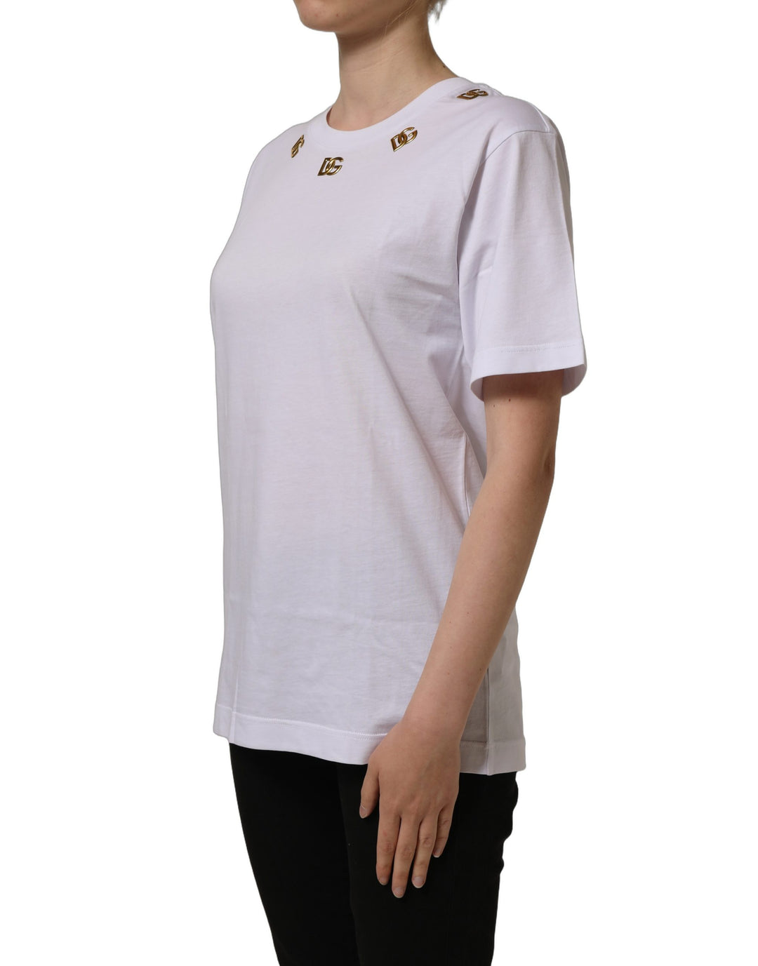 Dolce &amp; Gabbana White Cotton Gold DG Logo Crew Neck T-shirt