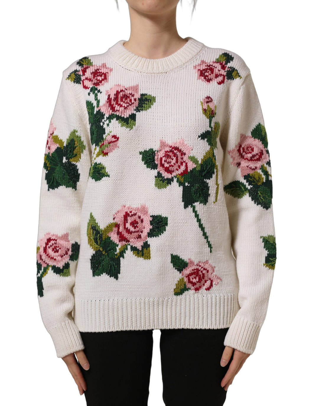 Dolce &amp; Gabbana White Wool Floral Crew Neck Pullover Sweater