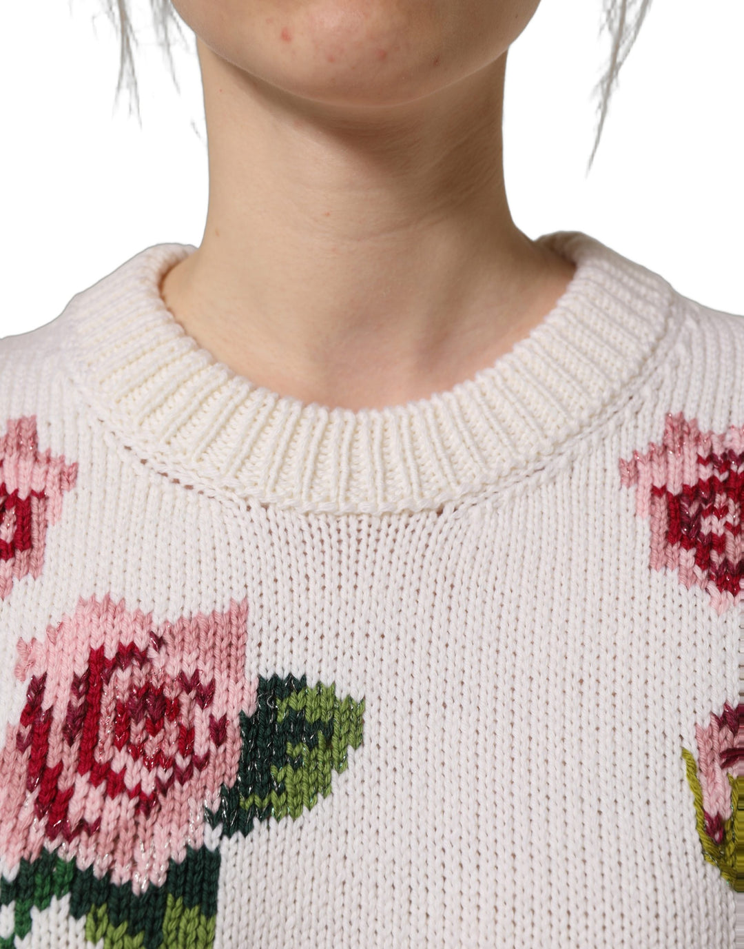 Dolce &amp; Gabbana White Wool Floral Crew Neck Pullover Sweater