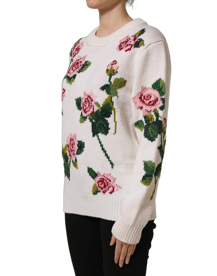 Dolce &amp; Gabbana White Wool Floral Crew Neck Pullover Sweater