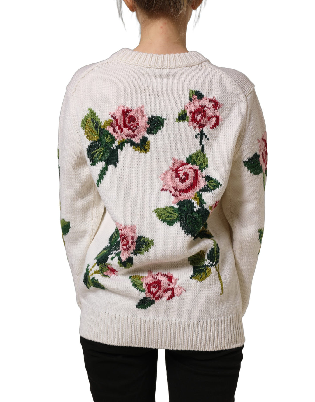 Dolce &amp; Gabbana White Wool Floral Crew Neck Pullover Sweater
