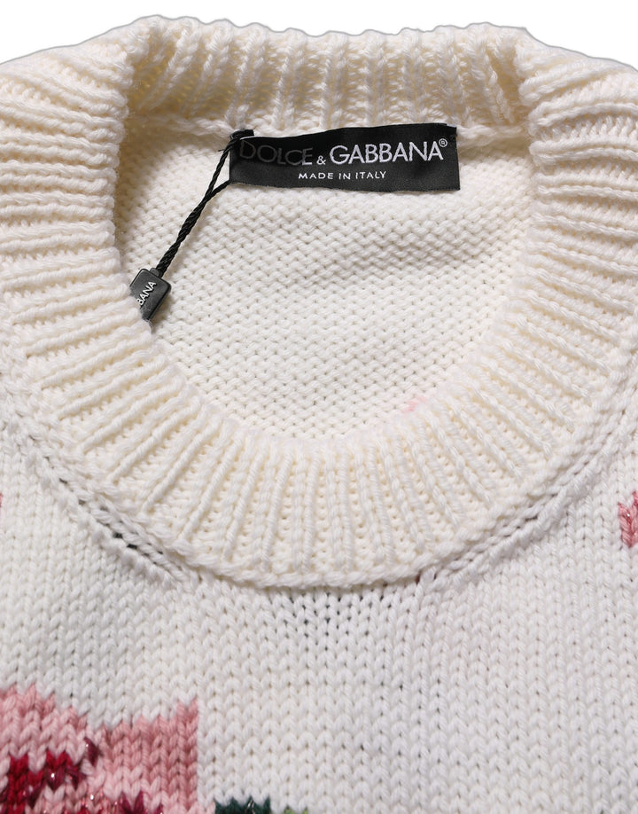 Dolce &amp; Gabbana White Wool Floral Crew Neck Pullover Sweater