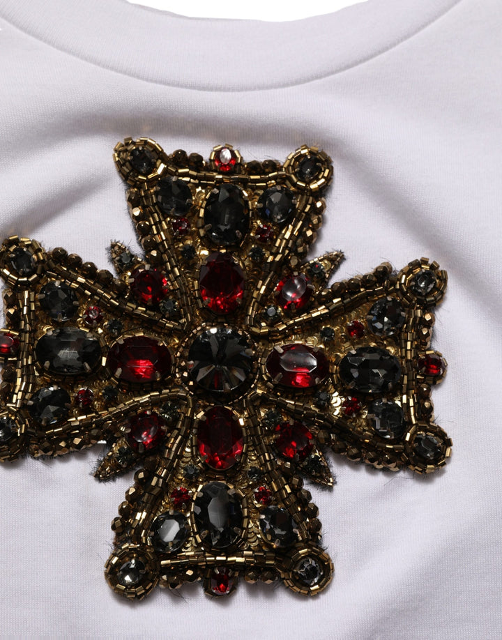 Dolce &amp; Gabbana White Crystal Embellished Cross Top T-shirt