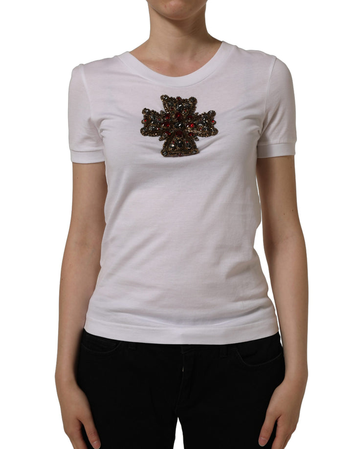 Dolce &amp; Gabbana White Crystal Embellished Cross Top T-shirt