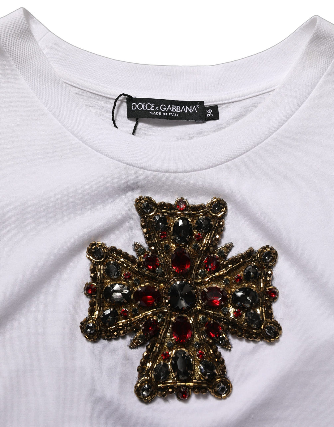 Dolce &amp; Gabbana White Crystal Embellished Cross Top T-shirt
