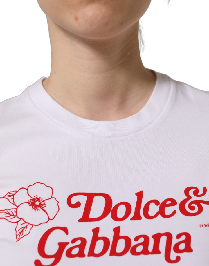 Dolce &amp; Gabbana White Floral Logo Print Crew Neck T-shirt