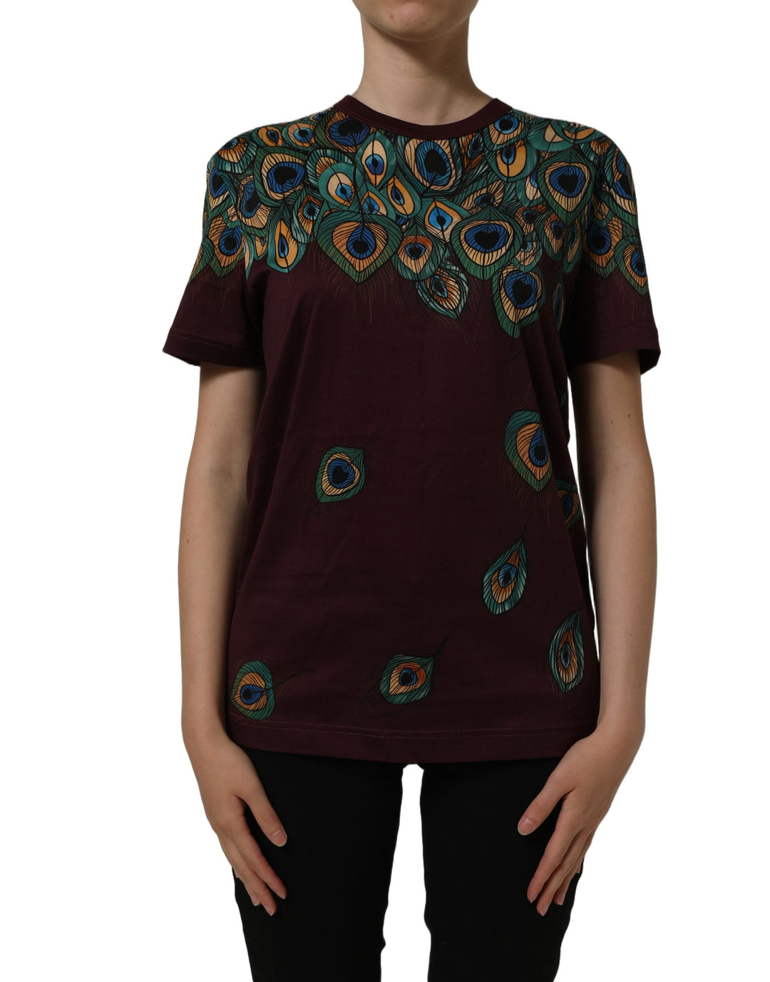 Dolce &amp; Gabbana Burgundy Peacock Feather Round Neck T-shirt