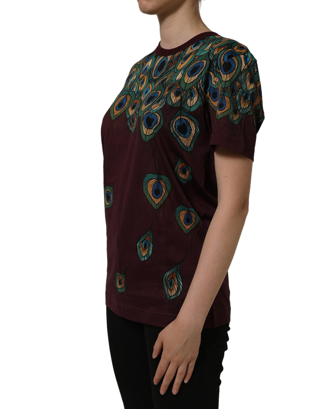 Dolce &amp; Gabbana Burgundy Peacock Feather Round Neck T-shirt