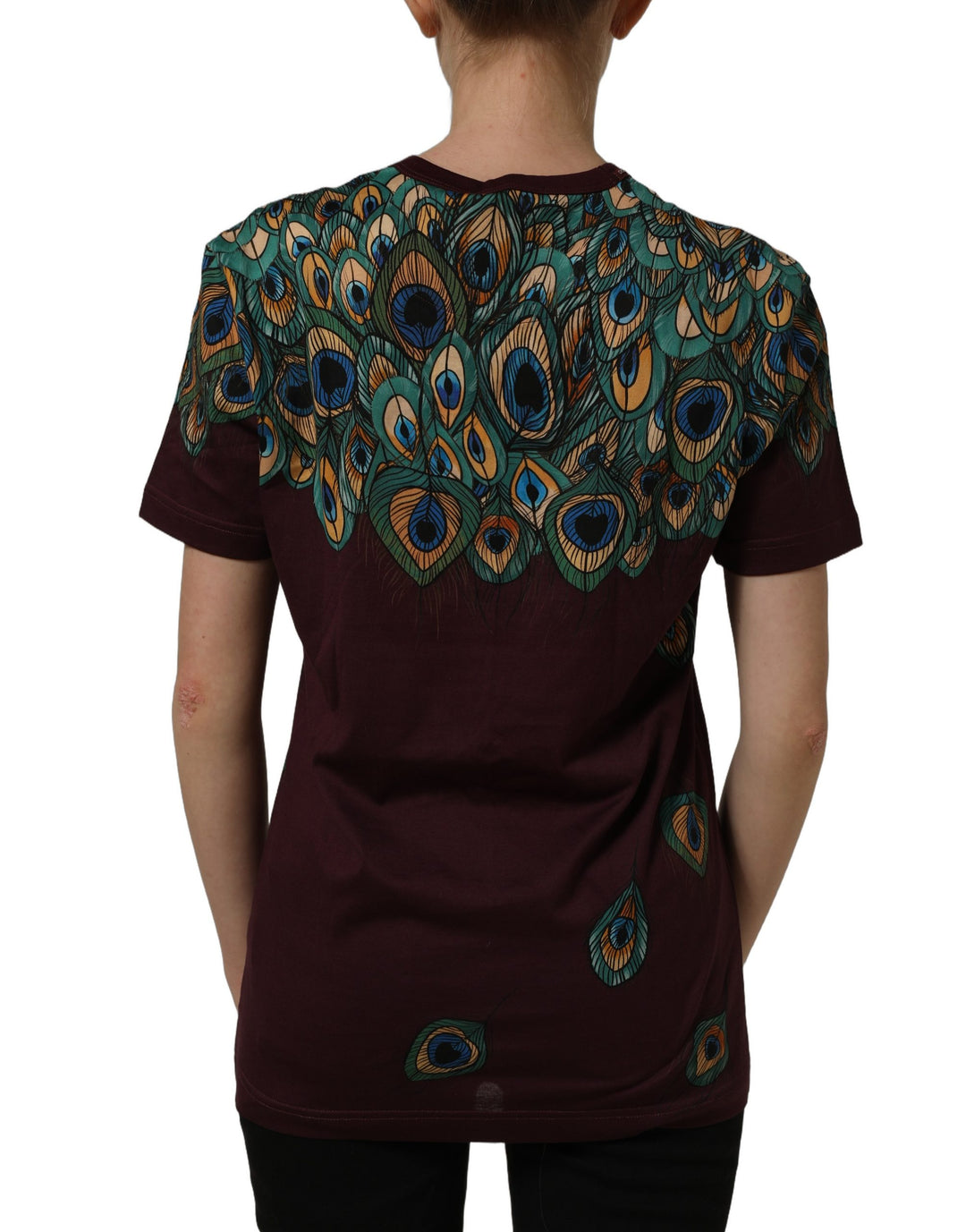 Dolce &amp; Gabbana Burgundy Peacock Feather Round Neck T-shirt