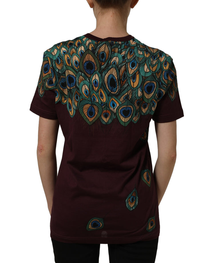 Dolce &amp; Gabbana Burgundy Peacock Feather Round Neck T-shirt