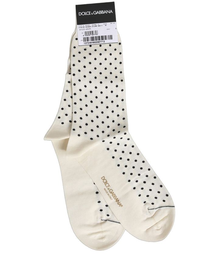Dolce &amp; Gabbana Off White Cotton Polka Dot Mid Calf Accessory Socks