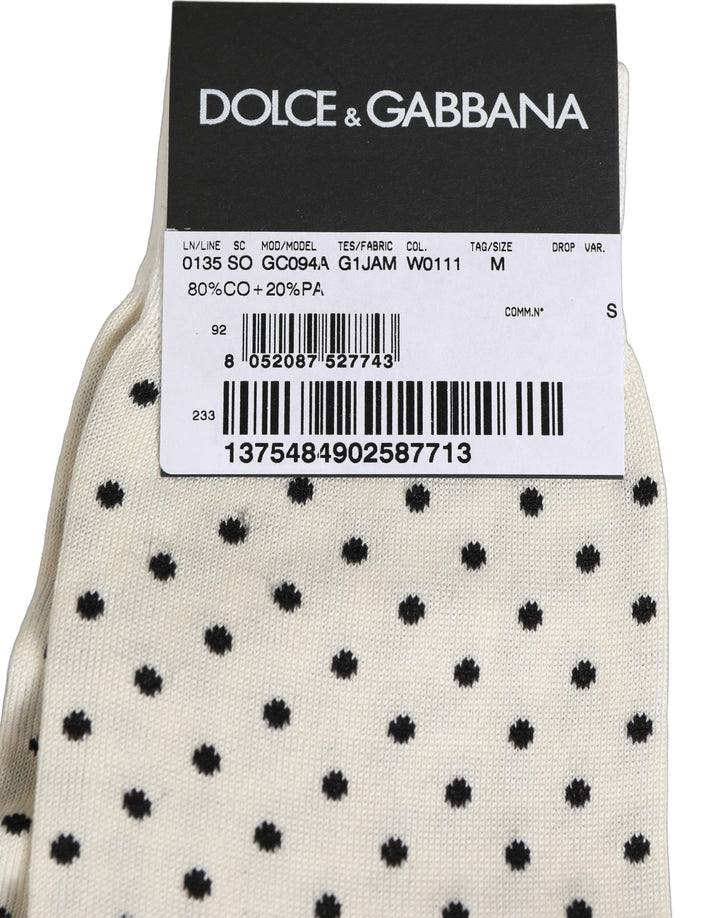 Dolce &amp; Gabbana Off White Cotton Polka Dot Mid Calf Accessory Socks