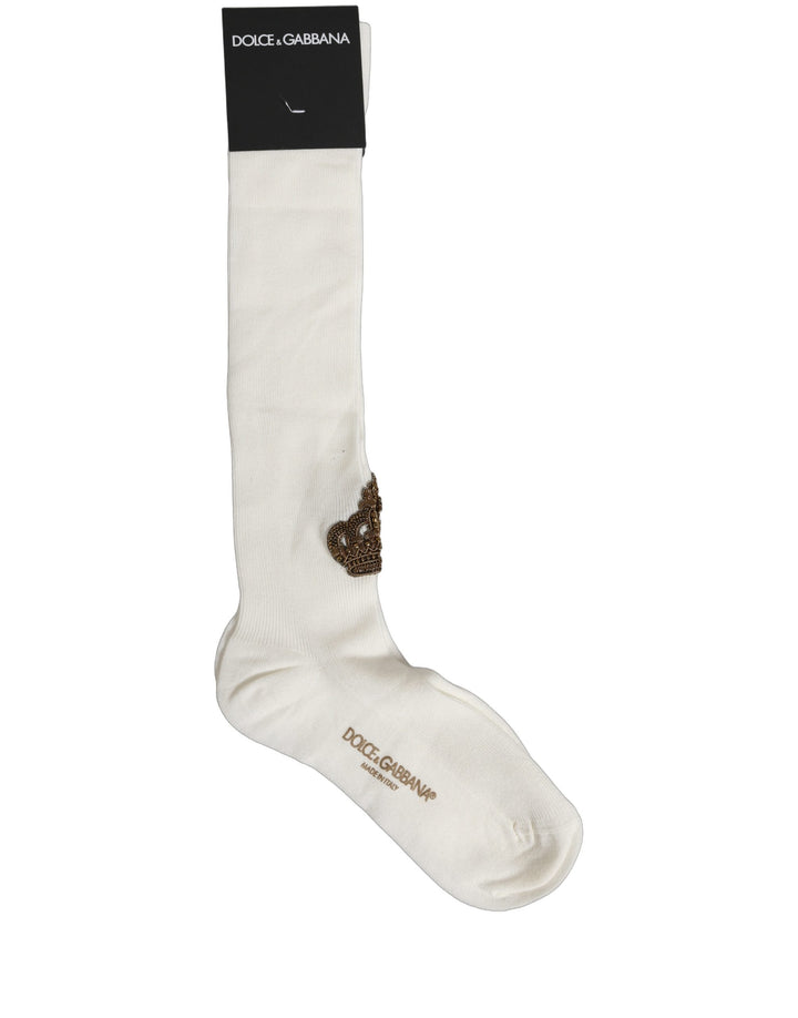Dolce &amp; Gabbana White Crown Embroidery Knee High Accessory Socks