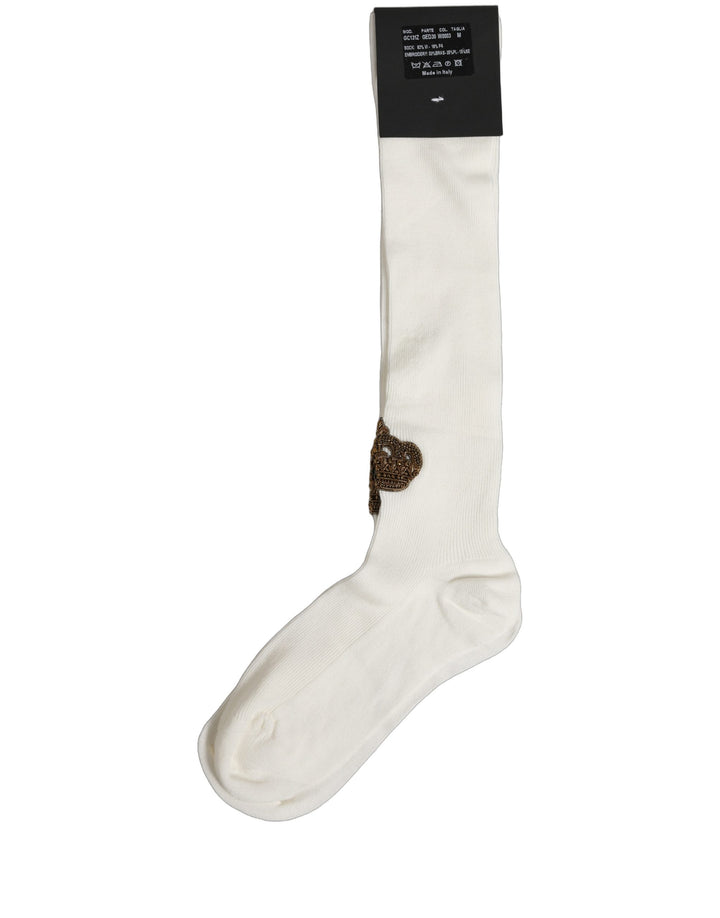 Dolce &amp; Gabbana White Crown Embroidery Knee High Accessory Socks