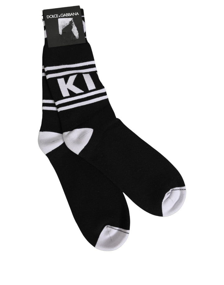 Dolce &amp; Gabbana Black White Logo Stripes Mid Calf Accessory Socks