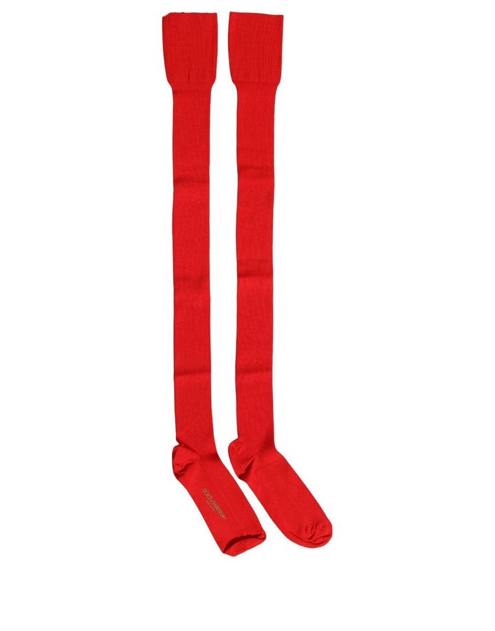 Dolce &amp; Gabbana Men Red Logo Thigh High Ribbed Accessory Socks