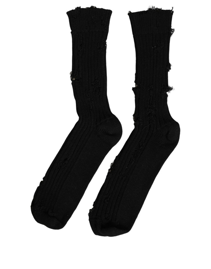 Dolce &amp; Gabbana Black Cotton Distressed Mid Calf Accessory Socks