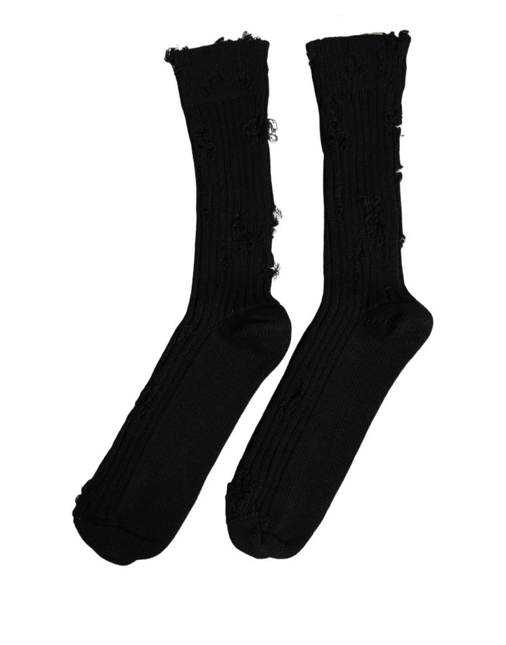 Dolce &amp; Gabbana Black Cotton Distressed Mid Calf Accessory Socks