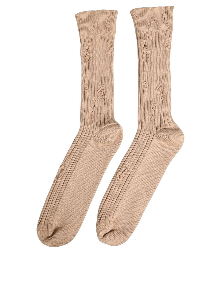 Dolce &amp; Gabbana Beige Cotton Distressed Mid Calf Accessory Socks