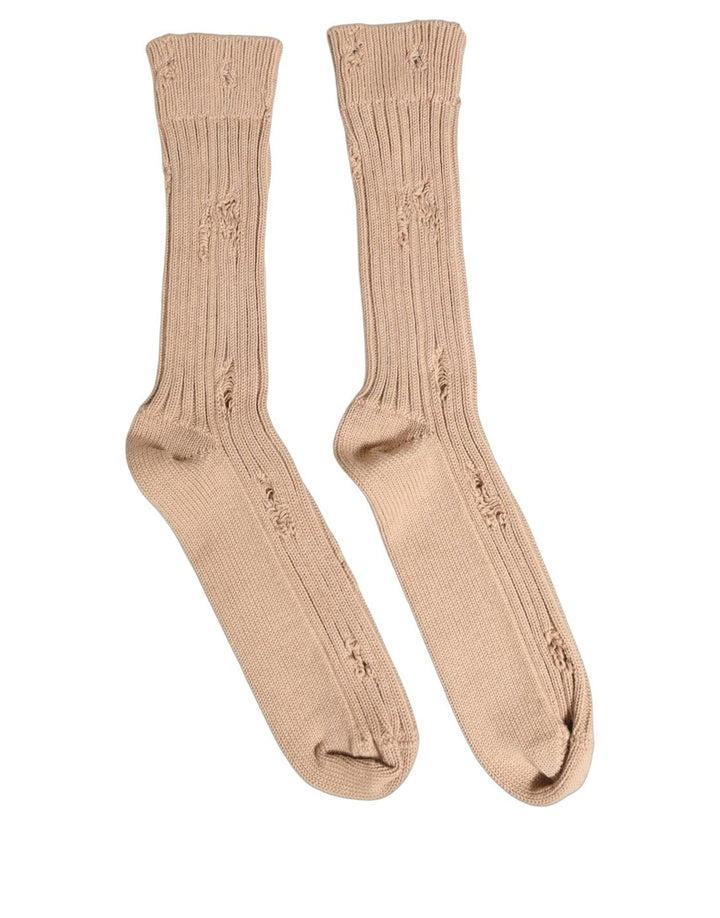 Dolce &amp; Gabbana Beige Cotton Distressed Mid Calf Accessory Socks