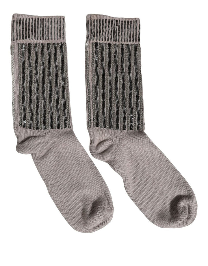 Dolce &amp; Gabbana Gray Sequin Cotton Knit Mid Calf Accessory Socks