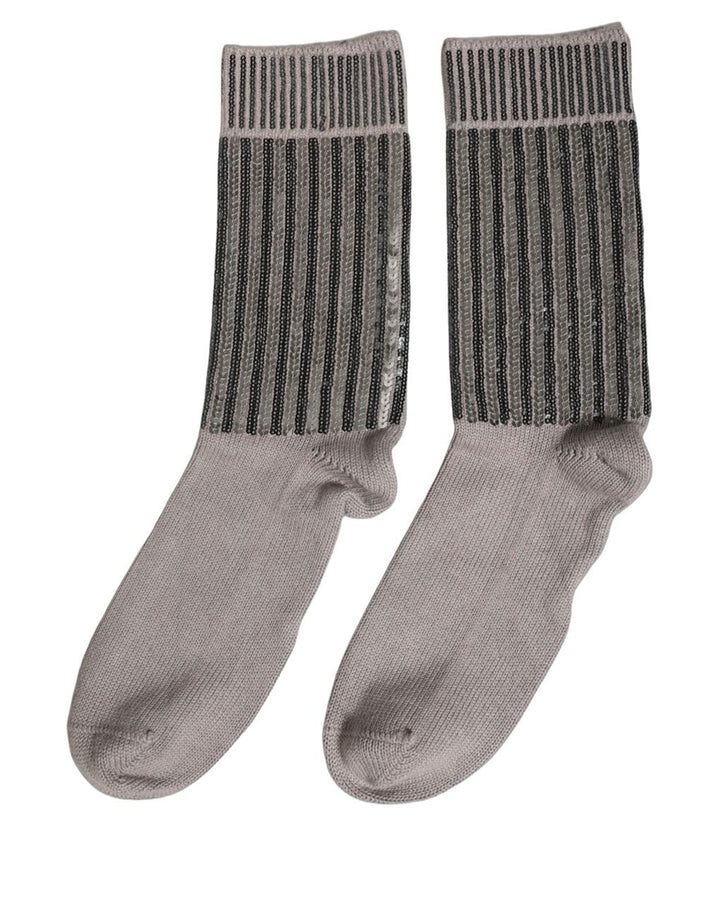 Dolce &amp; Gabbana Gray Sequin Cotton Knit Mid Calf Accessory Socks