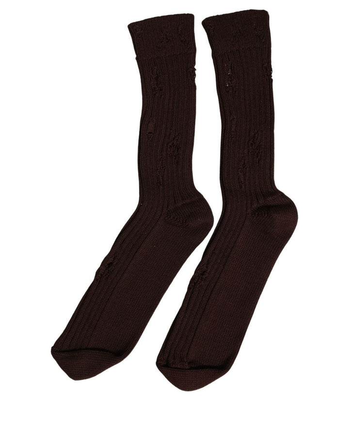Dolce &amp; Gabbana Dark Brown Cotton Distressed Mid Calf Accessory Socks