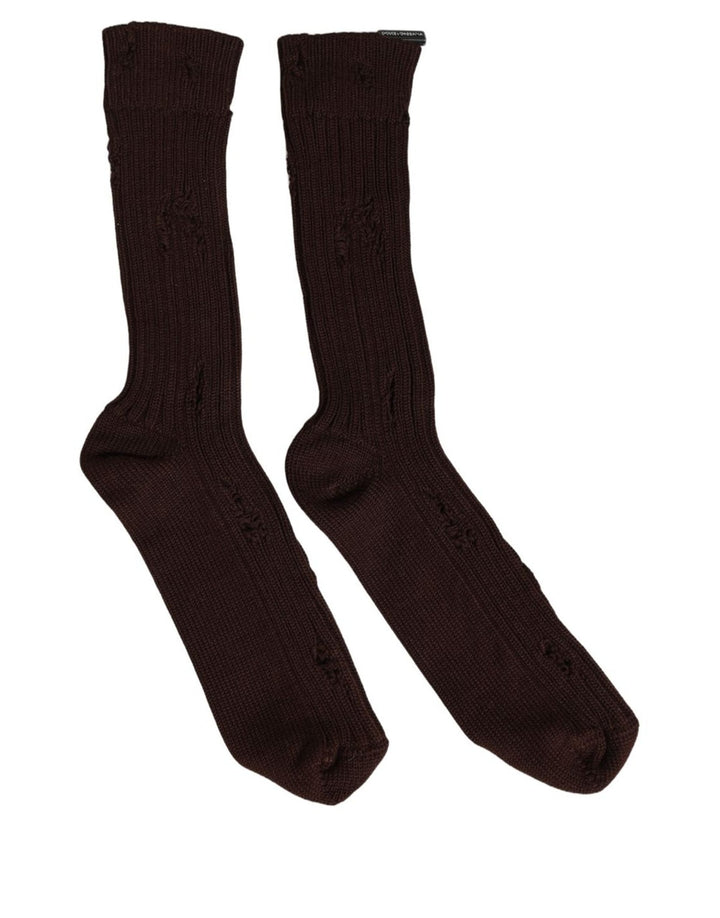 Dolce &amp; Gabbana Dark Brown Cotton Distressed Mid Calf Accessory Socks