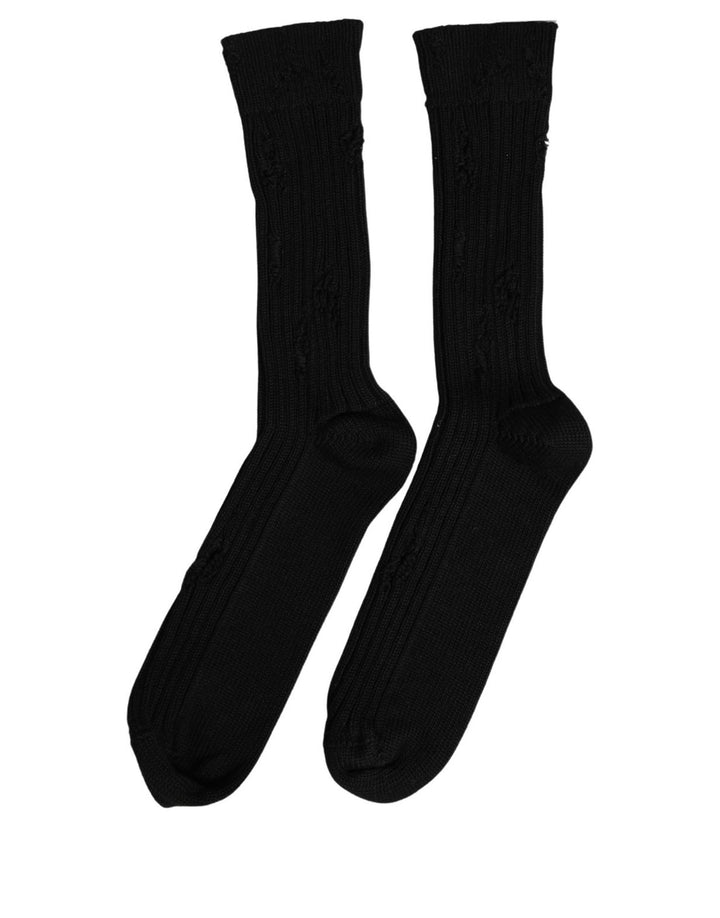 Dolce &amp; Gabbana Men Black Cotton Distressed Mid Calf Accessory Socks