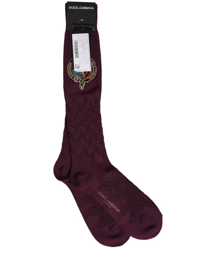 Dolce &amp; Gabbana Burgundy Wool Crest Logo Knee High Accessory Socks