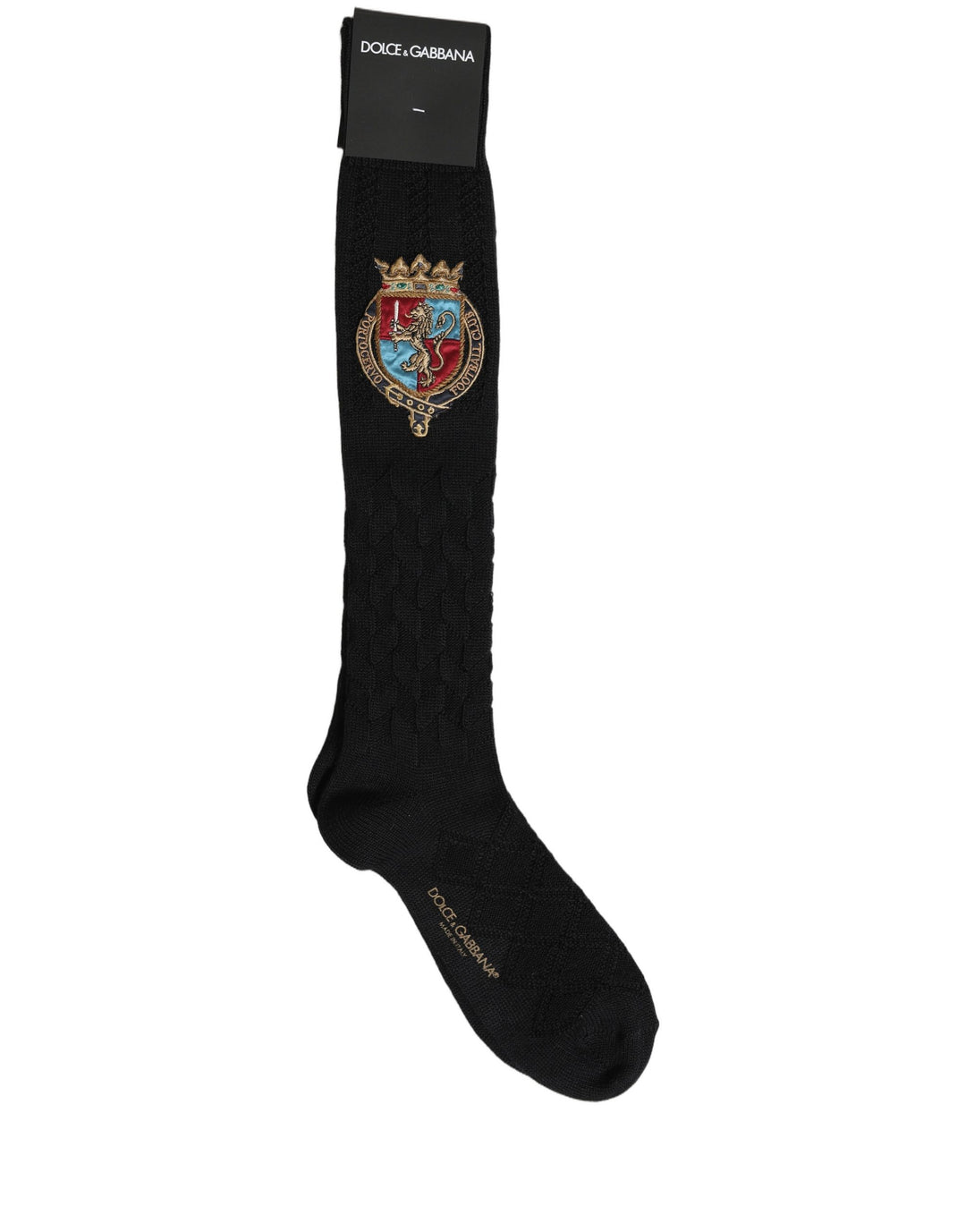 Dolce &amp; Gabbana Men Black Wool Crest Logo Knee High Accessory Socks