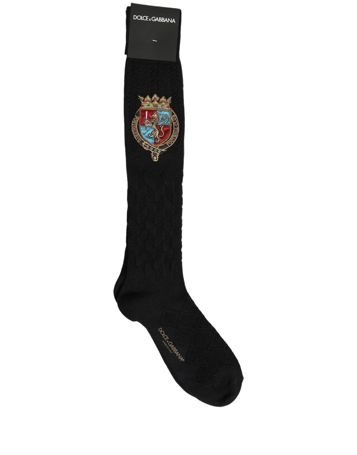 Dolce &amp; Gabbana Men Black Wool Crest Logo Knee High Accessory Socks